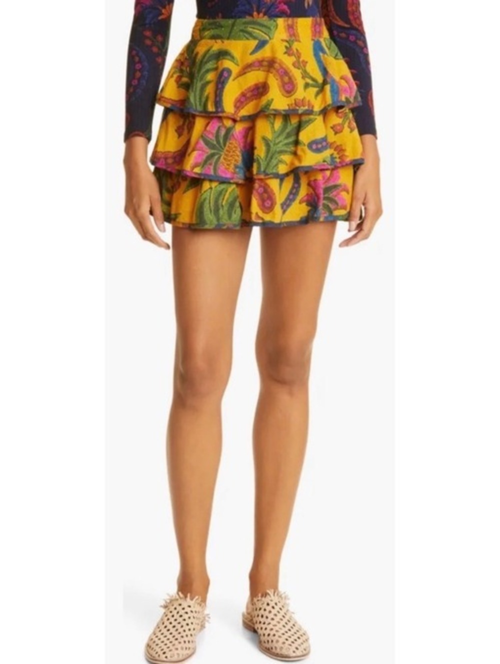 FARM Rio Tropical Tapestry Ruffle Miniskirt In Yellow XS